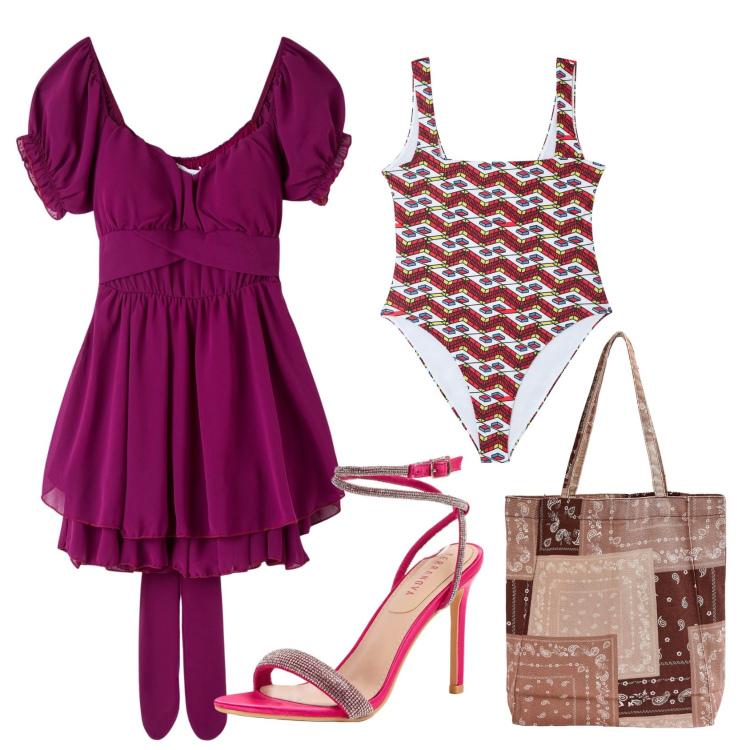Outfit donna - Si va in piscina. Stile Casual chic per Tutti i giorni. Abbinamento con costumi interi, vestiti, sandali col tacco, shopping bag.