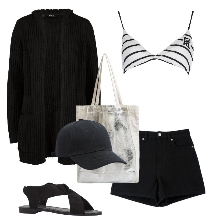 Outfit donna - Total look #1889083. Stile Trendy per Mare. Abbinamento con cardigans, sandali, cappelli, shorts, shopping bag, costumi.
