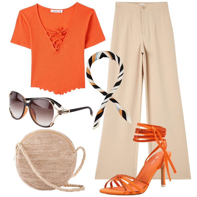 Outfit donna - Summer Orange. Stile Chic per Serata fuori. Abbinamento con occhiali da sole, borse a tracolla, pantaloni, t-shirt, sandali alla schiava, foulard.
