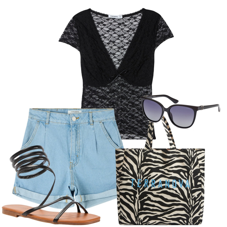 Outfit donna - Città. Stile Urban per Tutti i giorni. Abbinamento con borse tote, t-shirt, shorts, sandali, occhiali da sole.