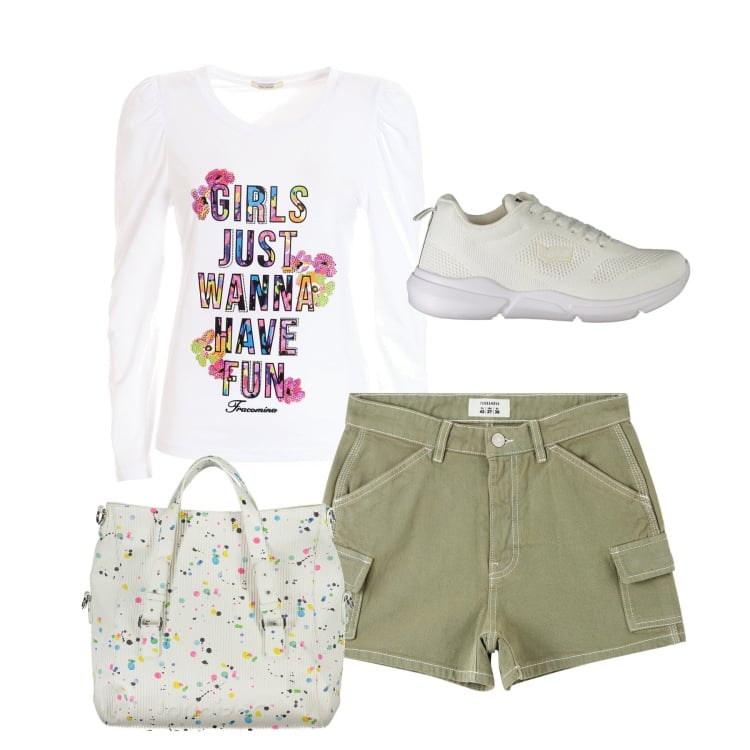 Outfit donna - Just fun. Stile Basic per Tutti i giorni. Abbinamento con pantaloni corti, t-shirt, sneakers, borse a spalla.