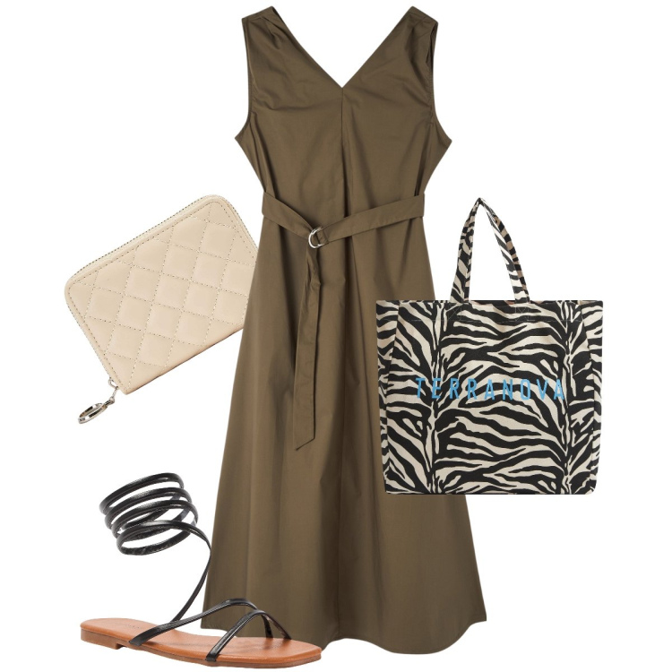 Outfit donna - It’s festival time con Terranova. Stile Bon Ton per Serata fuori. Abbinamento con borse tote, vestiti lunghi, portafogli, sandali.
