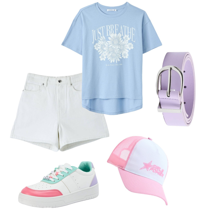 Outfit donna - Semplice pastello. Stile Basic per Tutti i giorni. Abbinamento con cappelli, sneakers, t-shirt, shorts, cinture.