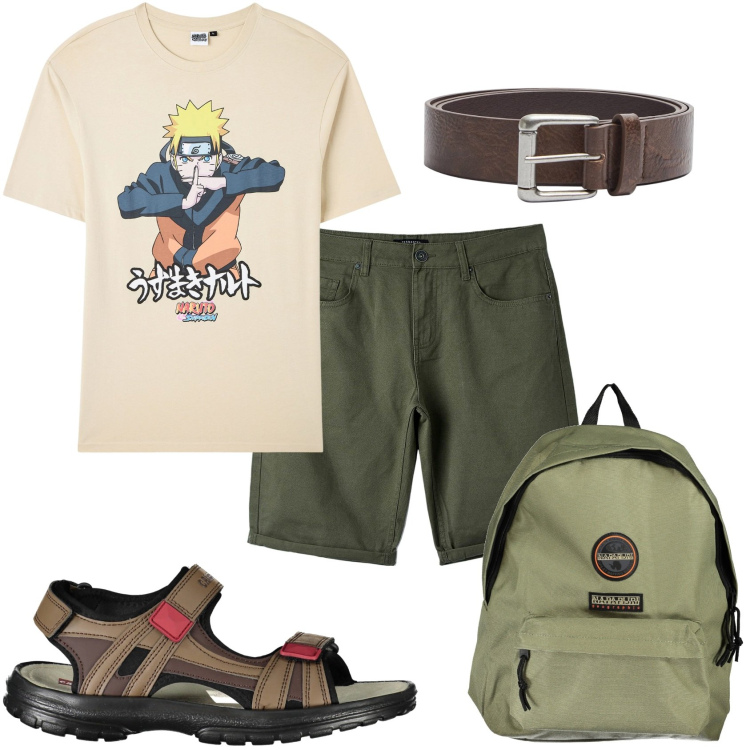 Outfit uomo - La giornata della domenica. Stile Casual per Tutti i giorni. Abbinamento con t-shirt, pantaloni, cinture, sandali, borse sportive.