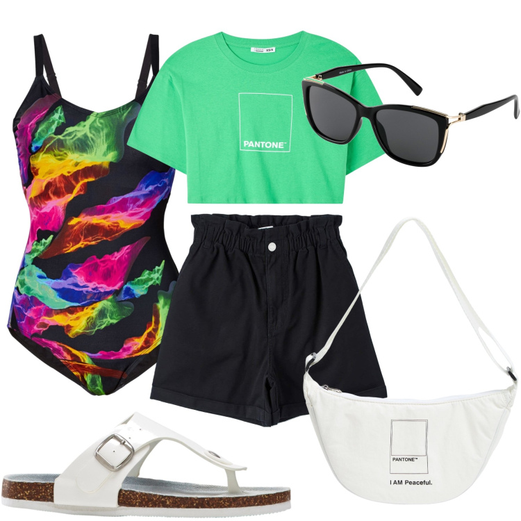 Outfit donna - Una passeggiata al mare. Stile Casual per Mare. Abbinamento con costumi interi, occhiali da sole, infradito, marsupi, t-shirt, shorts.