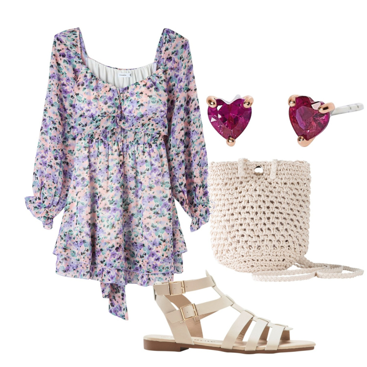 Outfit donna - Chi una vita ce l\'ha. Stile Romantica per Tutti i giorni. Abbinamento con sandali, borse a tracolla, vestiti corti, orecchini.
