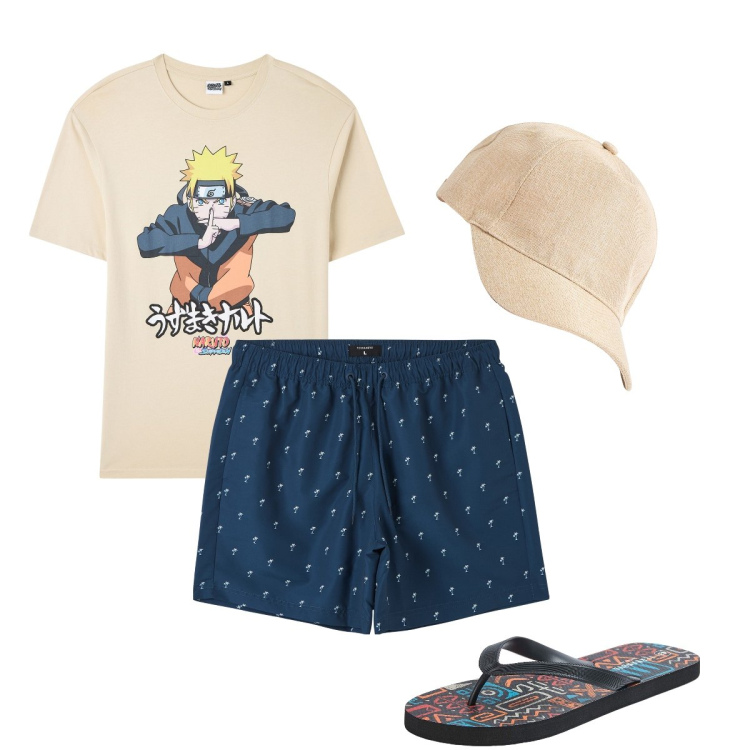 Outfit uomo - In piscina. Stile Casual per Mare. Abbinamento con t-shirt, bermuda, sandali, cappelli.