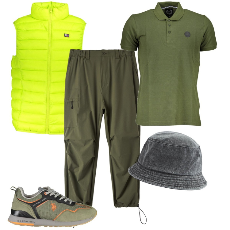 Outfit uomo - Lo smanicato giallo flou. Stile Casual per Sport. Abbinamento con pantaloni, cappelli, polo, giacche, scarpe sportive.