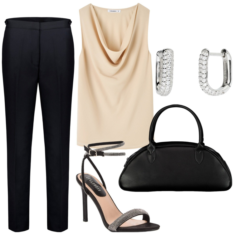Outfit donna - Cena fuori. Stile Chic per Serata fuori. Abbinamento con top, sandali col tacco, orecchini, pantaloni, borse a spalla.