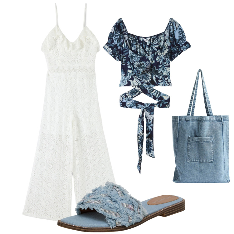 Outfit donna - Festa in spiaggia. Stile Glamour per Serata fuori. Abbinamento con bluse, tute, shopping bag, ciabatte.