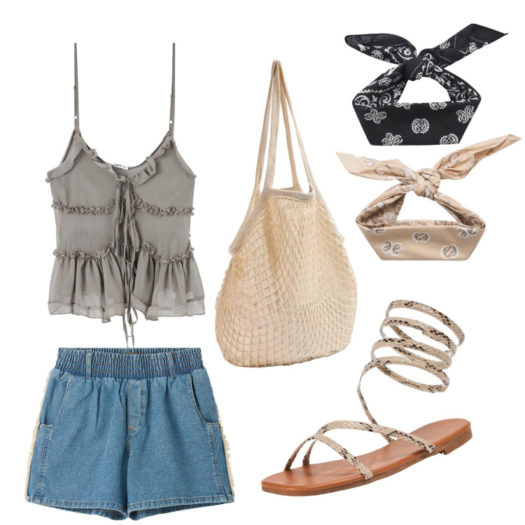 Outfit donna - Boho Al Festival. Stile Boho per Tutti i giorni. Abbinamento con shorts, top, borse a spalla, fasce per capelli, sandali.