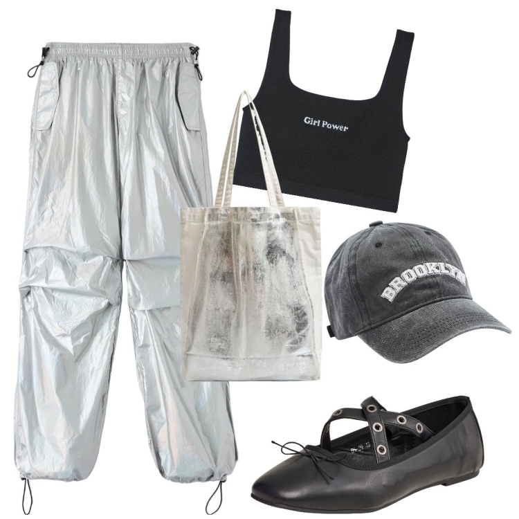 Outfit donna - Al festival techno. Stile Trendy per Tutti i giorni. Abbinamento con cappelli, ballerine, pantaloni, shopping bag, top.