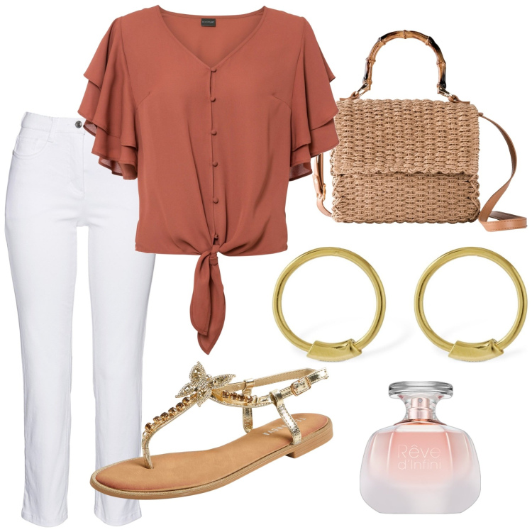 Outfit donna - Sandali gioiello. Stile Casual chic per Tutti i giorni. Abbinamento con pantaloni, camicie, borse a mano, profumi, sandali gioiello, orecchini.