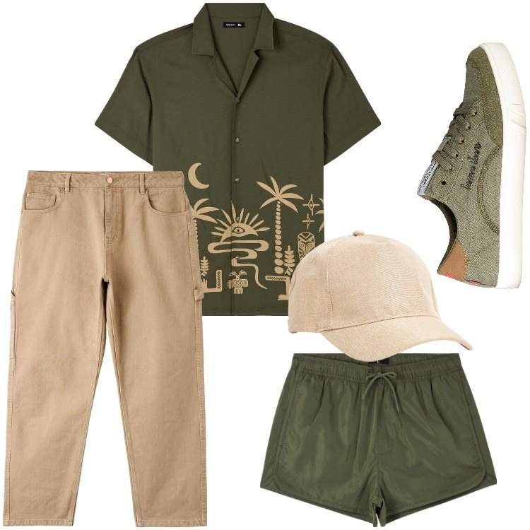 Outfit uomo - Total look #1889267. Stile Trendy per Mare. Abbinamento con camicie a manica corta, costumi, pantaloni, cappelli, sneakers.