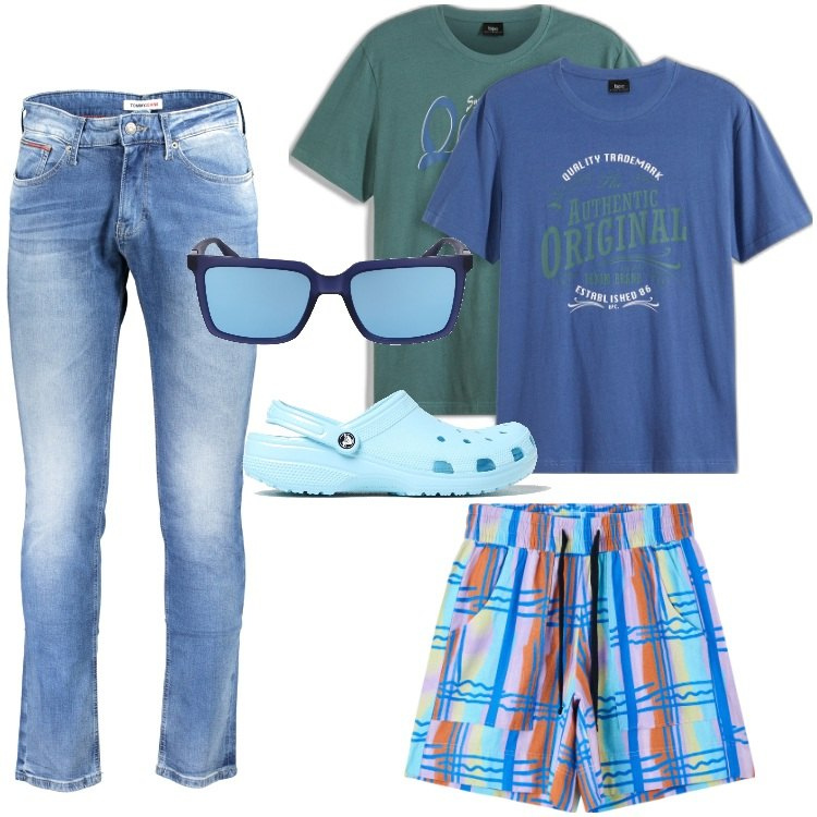 Outfit uomo - Total look #1889273. Stile Trendy per Mare. Abbinamento con t-shirt, bermuda, jeans, occhiali da sole, sandali.