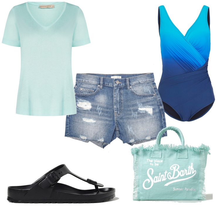 Outfit donna - On the beach. Stile Sporty chic per Mare. Abbinamento con costumi interi, t-shirt, pantaloni corti, sandali, borse tote.