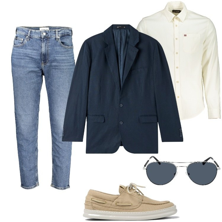 Outfit uomo - Total look #1889291. Stile Trendy per Mare. Abbinamento con giacche, camicie, occhiali da sole, jeans, scarpe stringate.