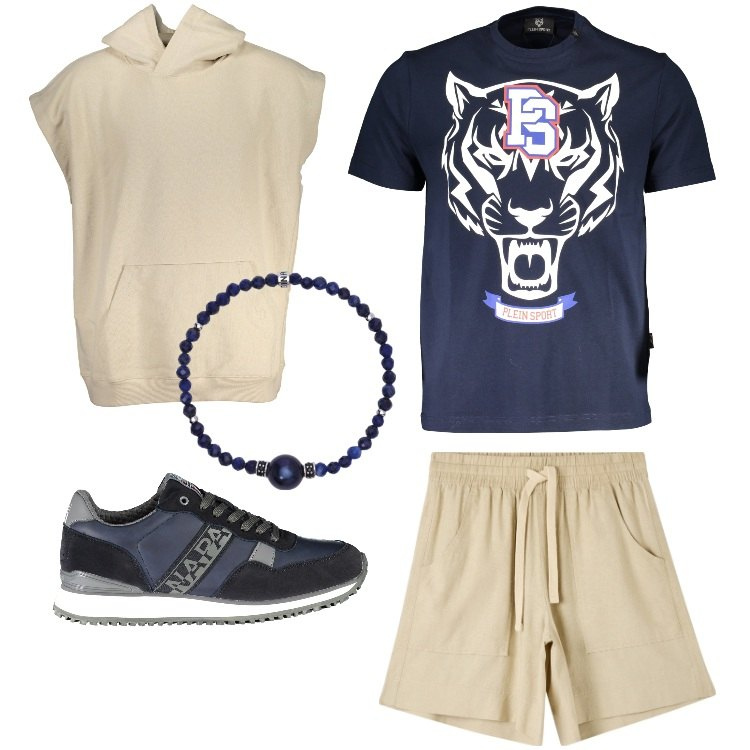 Outfit uomo - Total look #1889300. Stile Trendy per Mare. Abbinamento con bermuda, braccialetti, scarpe sportive, felpe con cappuccio, t-shirt.