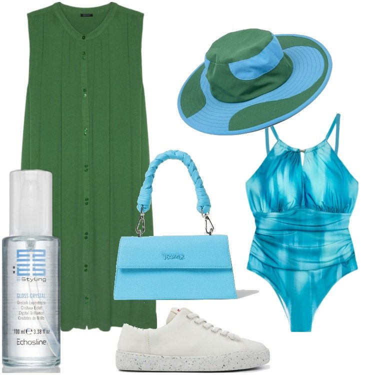 Outfit donna - Total look #1889318. Stile Trendy per Mare. Abbinamento con gloss, vestiti lunghi, costumi interi, sneakers, borse a spalla, cappelli.