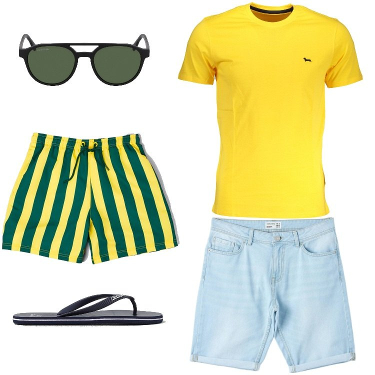 Outfit uomo - Total look #1889323. Stile Trendy per Mare. Abbinamento con bermuda, t-shirt, occhiali da sole, costumi, sandali.