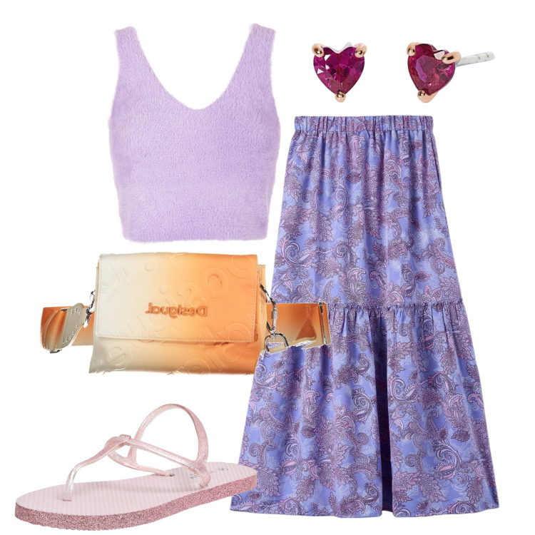 Outfit donna - City. Stile Basic per Tutti i giorni. Abbinamento con sandali, gonne lunghe, orecchini, top, borse a mano.