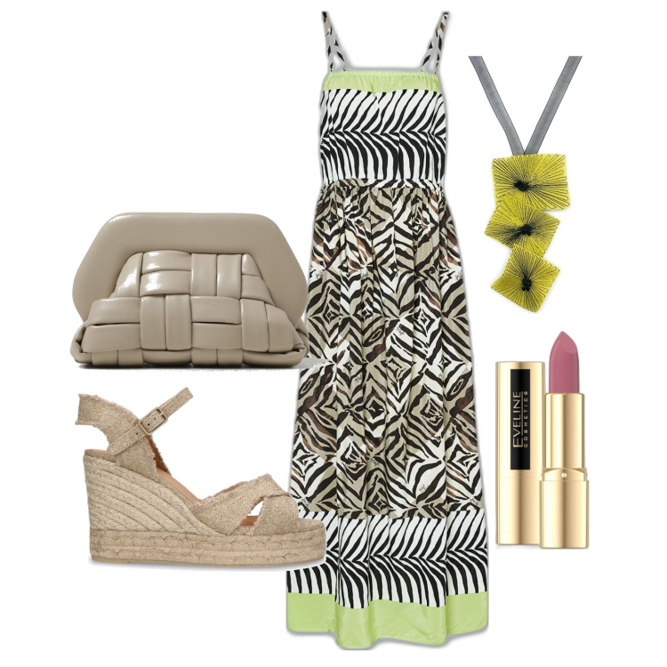 Outfit donna - Ghost outfitter - giugno. Stile Trendy per Tutti i giorni. Abbinamento con ciondoli, rossetti, espadrillas, vestiti lunghi, borse a mano.