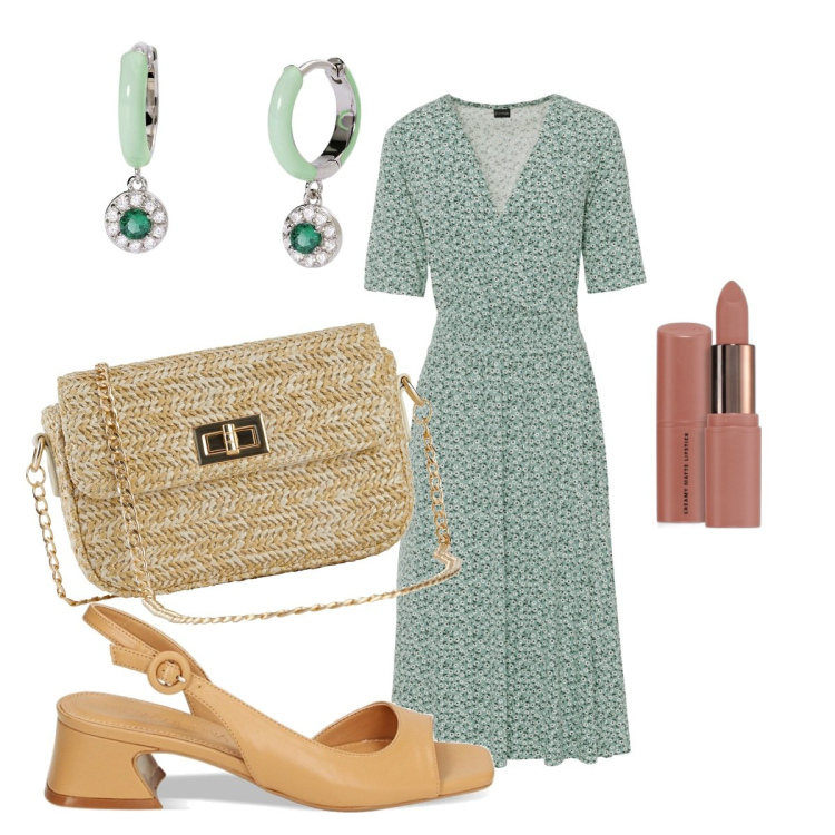 Outfit donna - L\' essenziale. Stile Bon Ton per Tutti i giorni. Abbinamento con vestiti, borse a mano, rossetti, orecchini, sandali col tacco.
