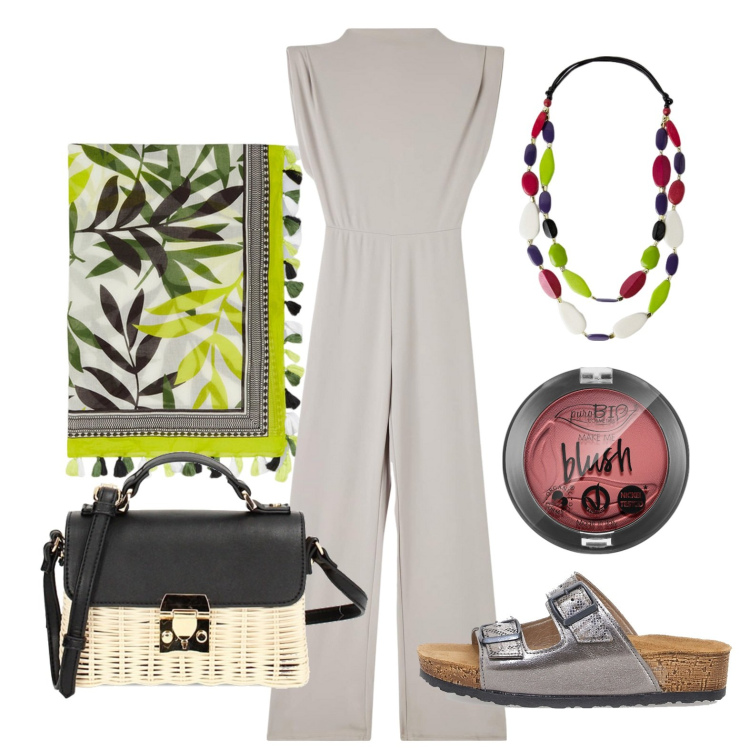 Outfit donna - Ghost outfitter - giugno. Stile Glamour per Tutti i giorni. Abbinamento con blush, tute, borse a tracolla, ciabatte, foulard, collane.