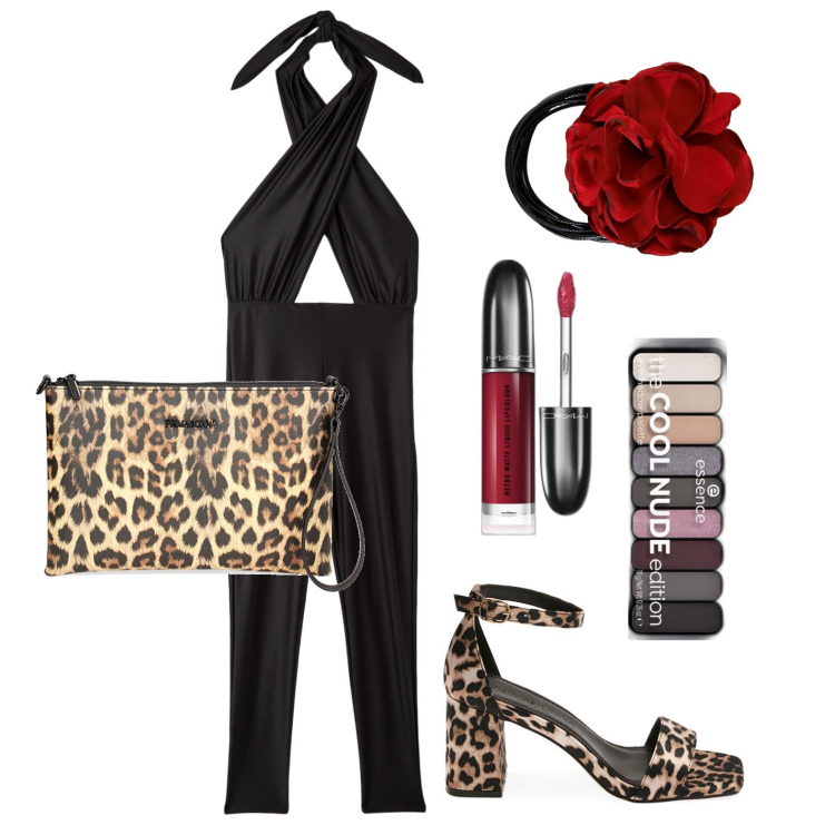 Outfit donna - Ghost outfitter - giugno. Stile Glamour per Serata fuori. Abbinamento con rossetti, ombretti, tute, sandali col tacco, valigie, collane.