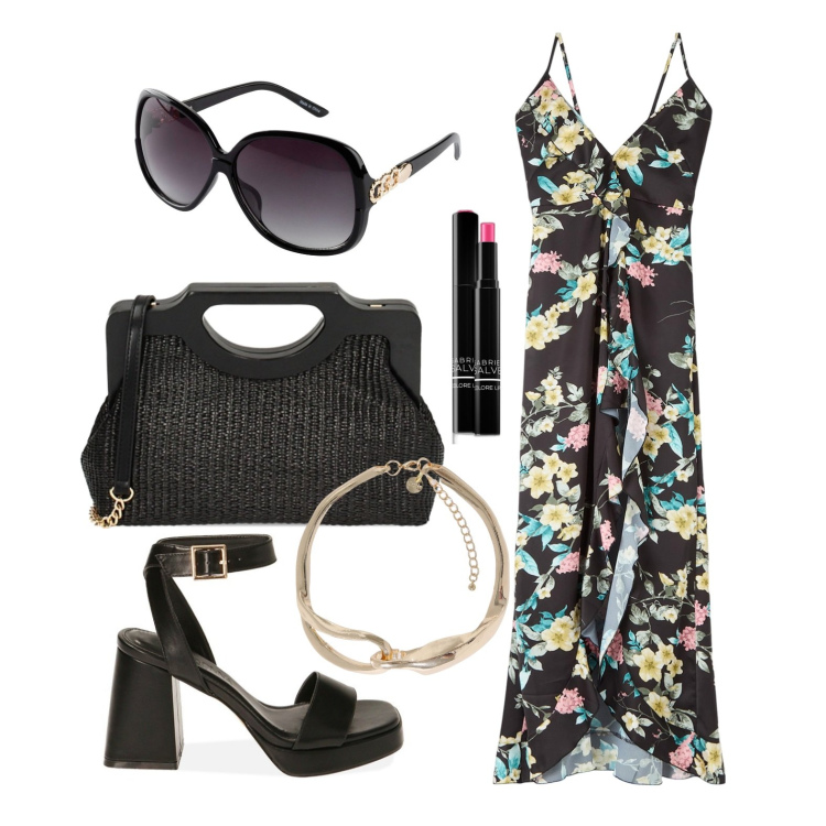 Outfit donna - Ghost outfitter - giugno. Stile Glamour per Tutti i giorni. Abbinamento con occhiali da sole, rossetti, vestiti lunghi, borse a mano, sandali col tacco, collane.