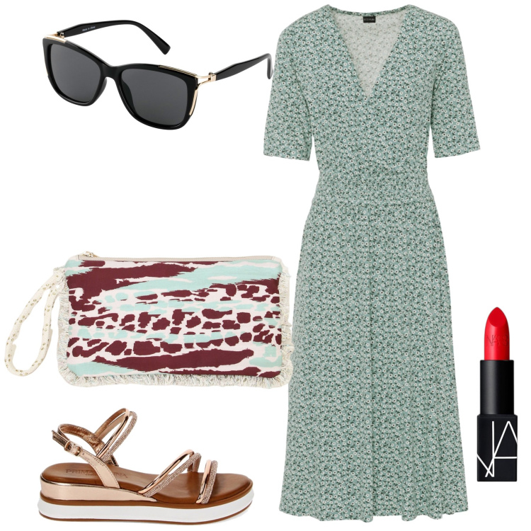 Outfit donna - Basta un rossetto. Stile Basic per Tutti i giorni. Abbinamento con vestiti, occhiali da sole, rossetti, zeppe, pochette.