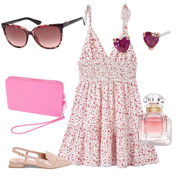 Outfit donna - Pretty woman. Stile Bon Ton per Tutti i giorni. Abbinamento con profumi, vestiti corti, orecchini, ballerine, portafogli, occhiali da sole.