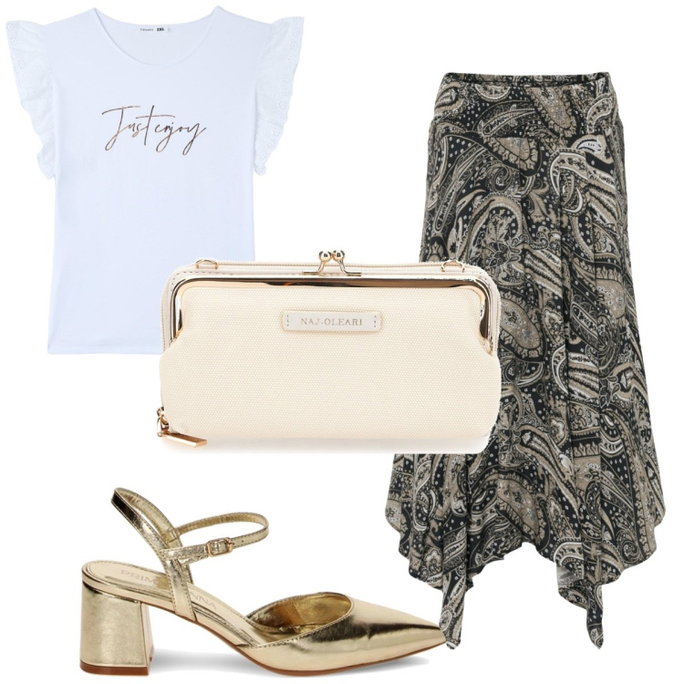 Outfit donna - Total look #1889404. Stile Trendy per Cerimonia. Abbinamento con gonne longuette, t-shirt, décolleté, pochette.