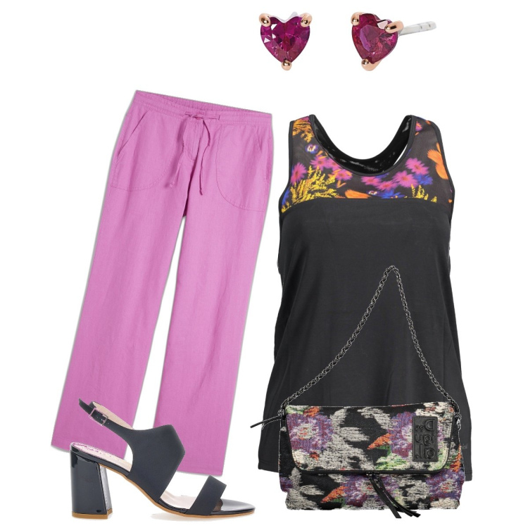 Outfit donna - Per le giornate calde. Stile Casual per Tutti i giorni. Abbinamento con pantaloni a palazzo, orecchini, sandali col tacco, canottiere, borse a mano.