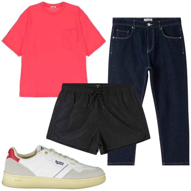 Outfit uomo - Total look #1889421. Stile Trendy per Mare. Abbinamento con costumi, jeans, t-shirt, sneakers.