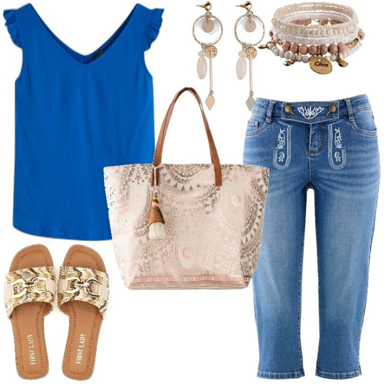 Outfit donna - Camminata sul lungomare. Stile Basic per Tutti i giorni. Abbinamento con top, braccialetti, orecchini, pantaloni capri, shopping bag, ciabatte.