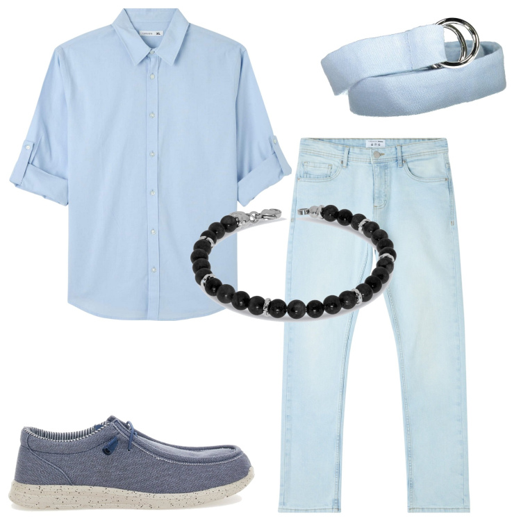 Outfit uomo - Jeans chiaro. Stile Casual per Tutti i giorni. Abbinamento con jeans dritti, camicie, cinture, braccialetti, scarpe stringate.