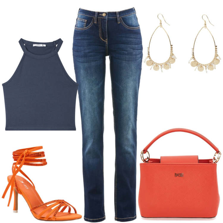 Outfit donna - Dettagli arancio. Stile Casual chic per Tutti i giorni. Abbinamento con jeans dritti, canottiere, sandali alla schiava, orecchini, borse a mano.