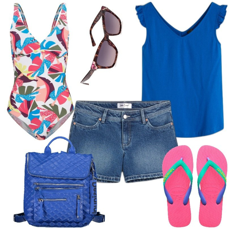 Outfit donna - Un\'opzione fresca e comoda per l\'estate. Stile Casual per Mare. Abbinamento con top, costumi interi, shorts, infradito, zaini, occhiali da sole.