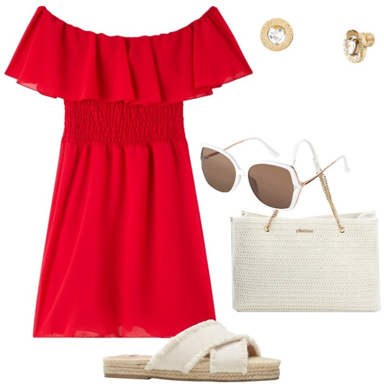Outfit donna - Colazione al mare. Stile Casual per Tutti i giorni. Abbinamento con ciabatte, occhiali da sole, vestiti corti, borse a spalla, orecchini.