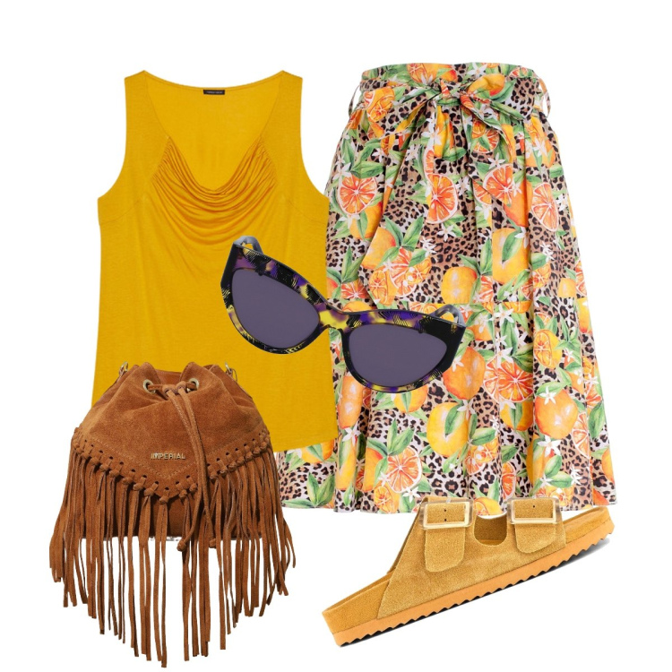 Outfit donna - Colori caldi. Stile Casual chic per Tutti i giorni. Abbinamento con gonne longuette, borse a secchiello, sandali, top, occhiali da sole.