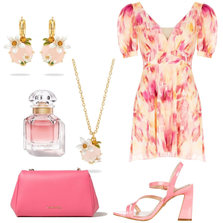 Outfit donna - Cerimonia. Stile Romantica per Cerimonia. Abbinamento con orecchini, collane, profumi, vestiti corti, sandali in pelle, borse a spalla.