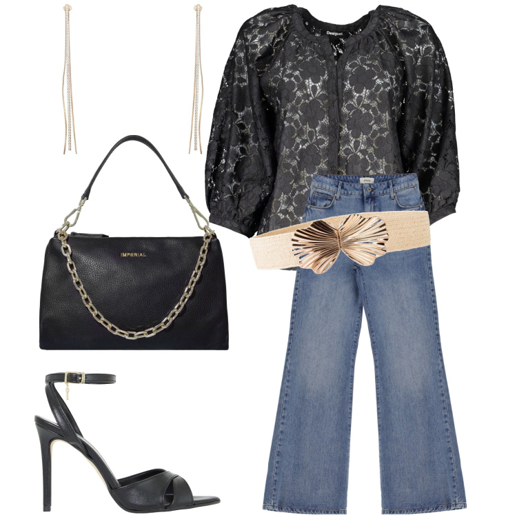 Outfit donna - Serata chic con jeans e pizzo. Stile Chic per Serata fuori. Abbinamento con cinture, orecchini, pochette, décolleté, jeans, camicie.