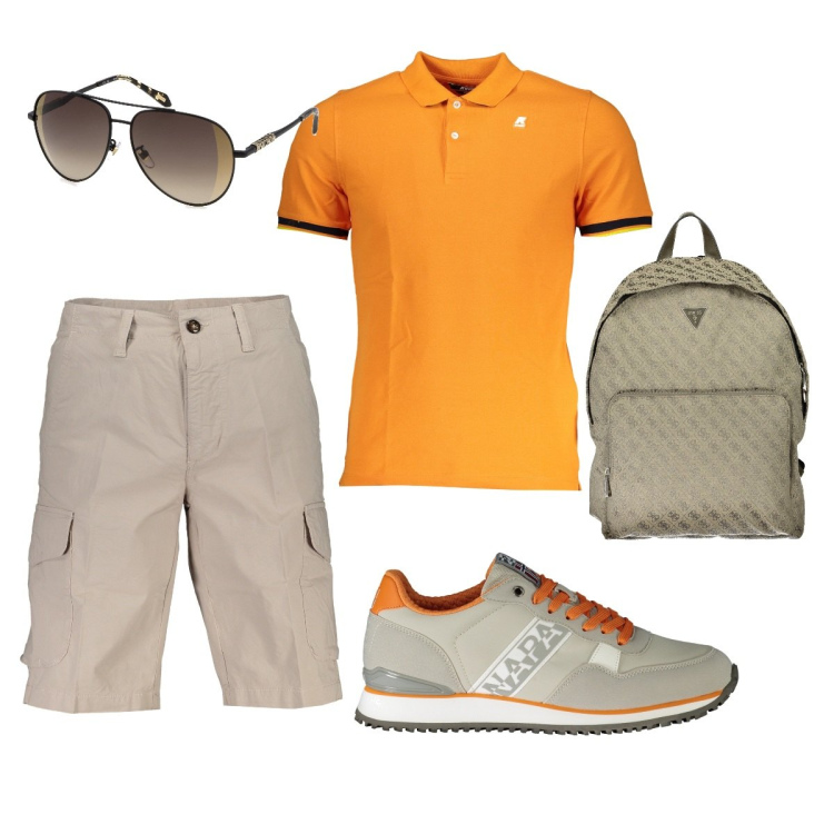 Outfit uomo - Look estivo. Stile Trendy per Tutti i giorni. Abbinamento con bermuda, polo, sneakers, occhiali da sole, borse sportive.