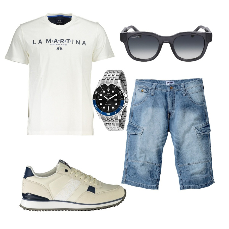 Outfit uomo - Look con gli accessori. Stile Casual per Tutti i giorni. Abbinamento con bermuda, orologi, occhiali da sole, sneakers, t-shirt.