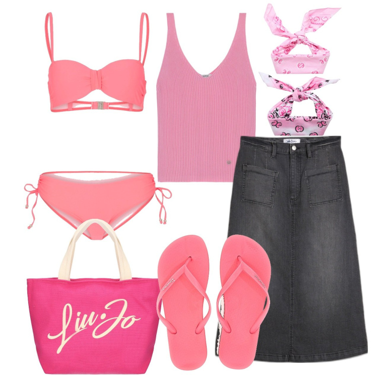 Outfit donna - Mare in rosa. Stile Bon Ton per Mare. Abbinamento con gonne longuette, bikini, fasce per capelli, top, shopping bag, ciabatte.