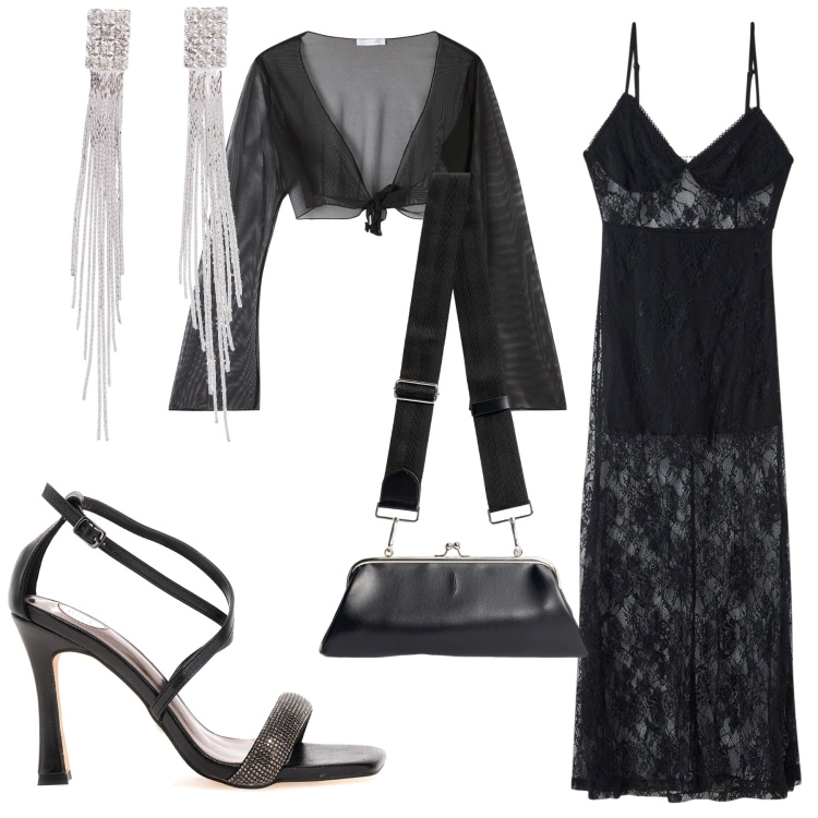 Outfit donna - Una buona serata. Stile Sexy per Serata fuori. Abbinamento con orecchini, vestiti lunghi, bolero, sandali col tacco, clutch.