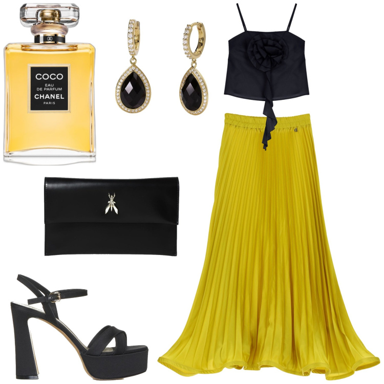 Outfit donna - Total look #1889512. Stile Trendy per Cerimonia. Abbinamento con profumi, orecchini, top, gonne lunghe, sandali col tacco, clutch.