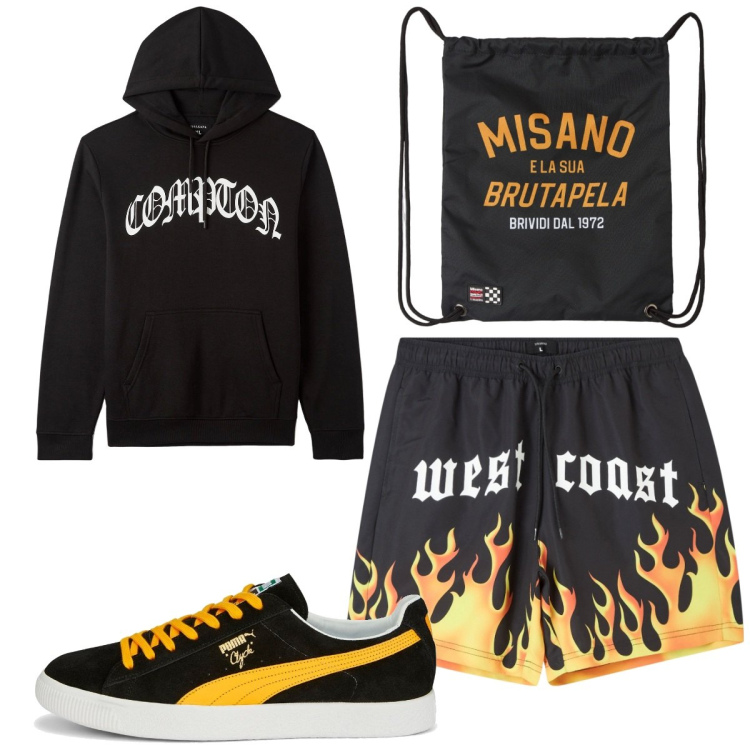 Outfit uomo - Total look #1889521. Stile Urban per Sport. Abbinamento con borse sportive, felpe con cappuccio, bermuda, sneakers.