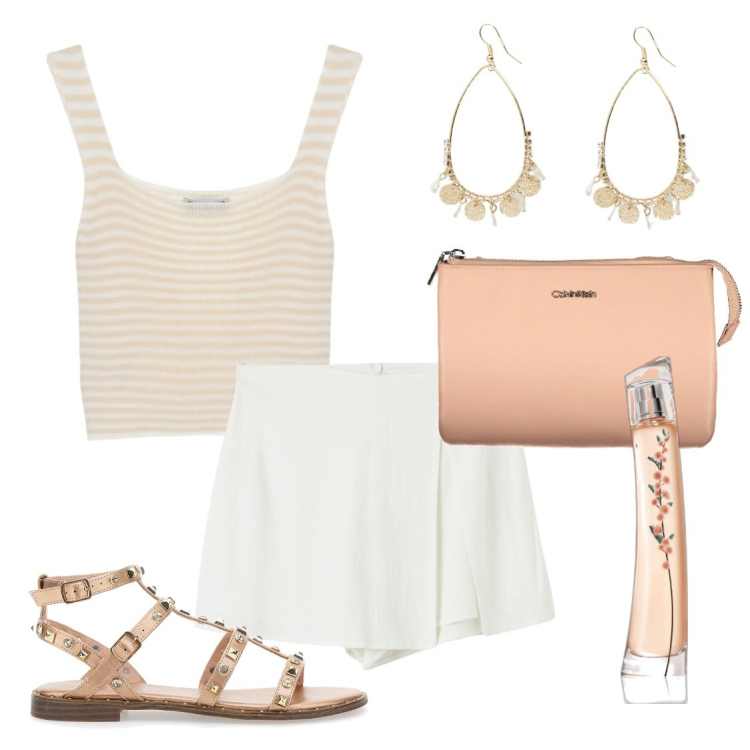 Outfit donna - La gonna pantaloncino. Stile Casual per Tutti i giorni. Abbinamento con profumi, gonne, maglieria, orecchini, sandali, borse a spalla.